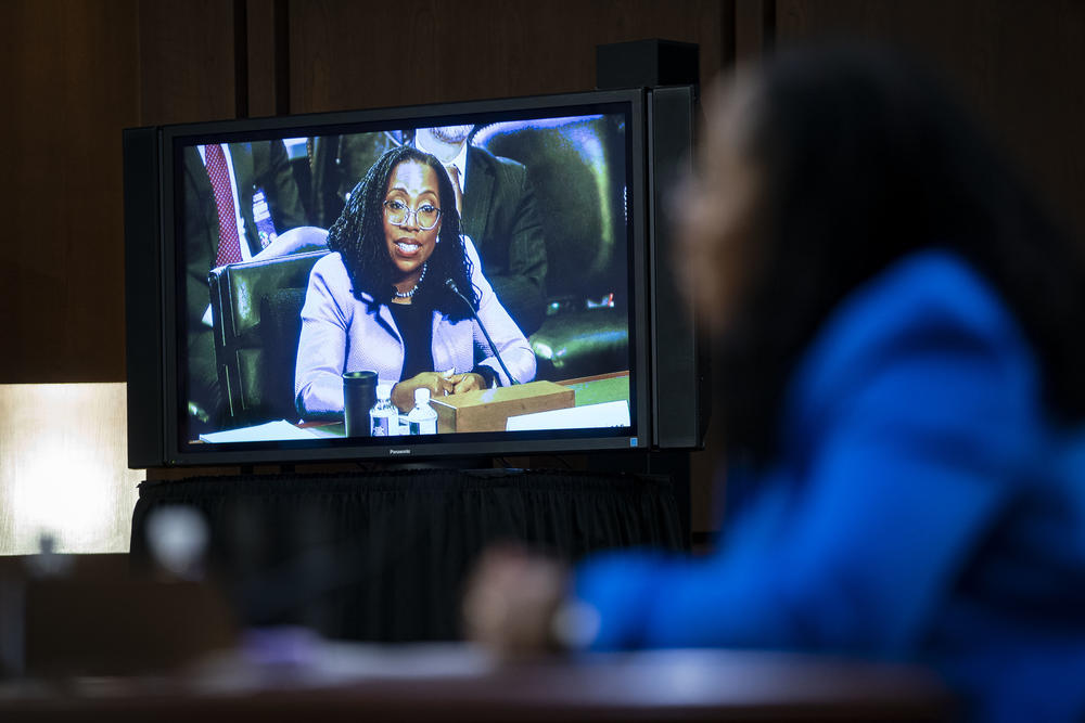 <strong>March 23:</strong> A television monitor shows Ketanji Brown Jackson during a Senate Judiciary Committee confirmation hearing in Washington, D.C.
