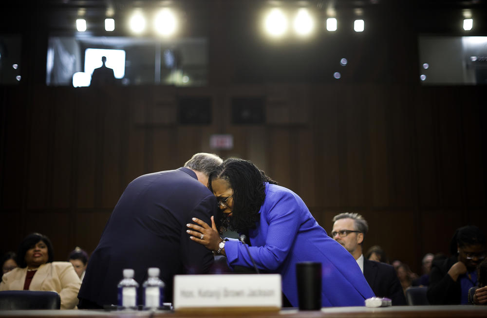 <strong>March 23:</strong> Supreme Court nominee Judge Ketanji Brown Jackson embraces former Sen. Doug Jones (D-AL) as she arrives for the third day of her confirmation hearing before the Senate Judiciary Committee.