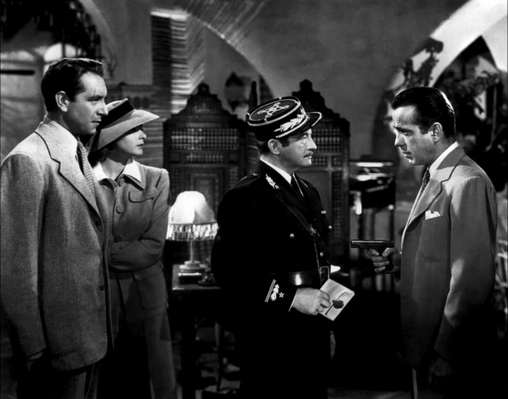 Humphrey Bogart, Paul Henreid, Claude Rains and Ingrid Bergman in <em>Casablanca</em>.