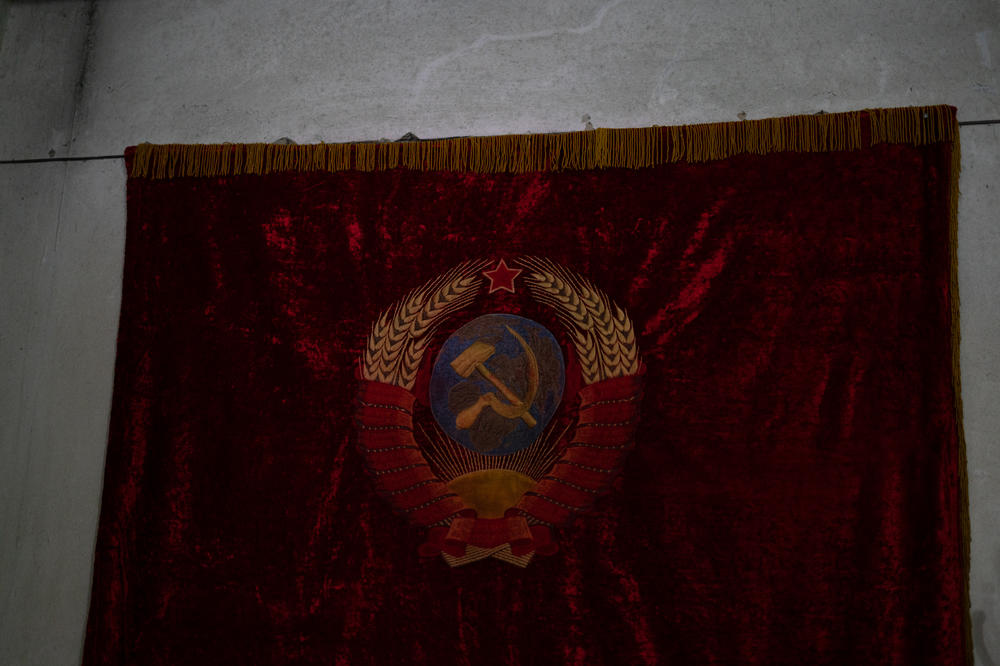 A tapestry hangs in the Stalin museum in Gori.
