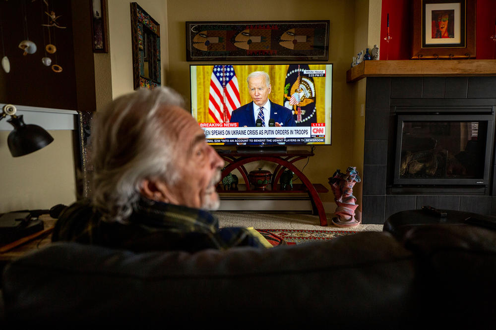 <strong>Feb. 22:</strong> Hlib Hayuk watches a speech on Russia by President Biden from his Lakewood, Denver, home.