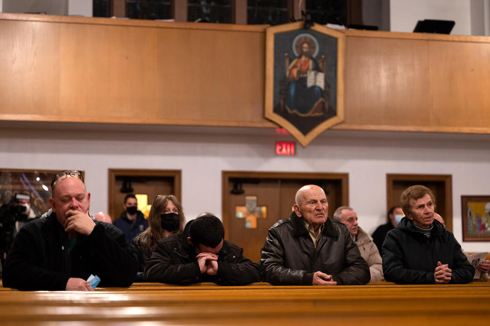 <strong>Feb. 24:</strong> Ukrainian Americans and congregants of St. Michael the Archangel Ukrainian Catholic Church in New Haven, Connecticut, pray during a service held in support of Ukraine at the outset of Russia's invasion.
