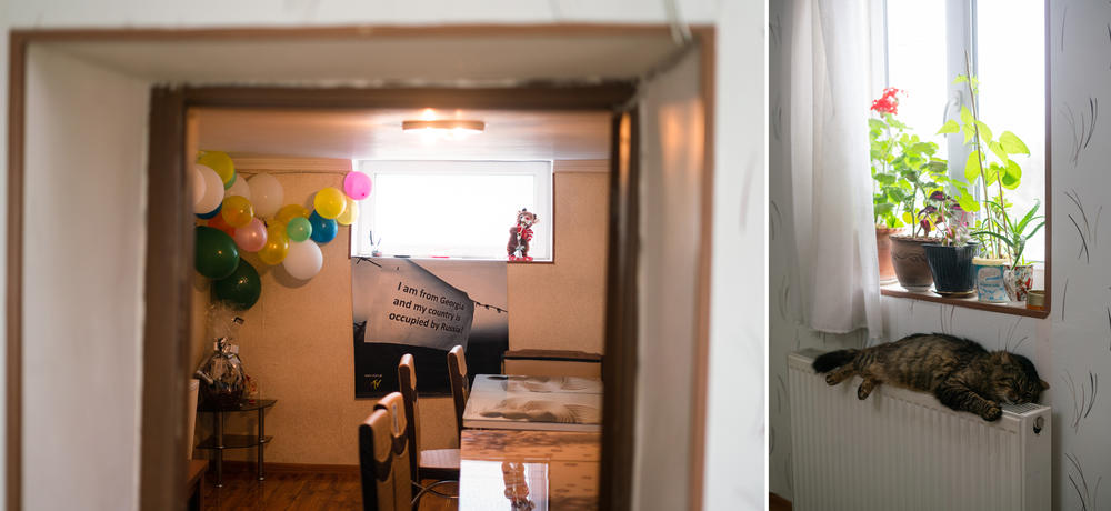Left: A sign about the occupation of Georgia hangs in the home for the elderly in Khurvaleti, Georgia. Right: A cat sits on a heater in the home.