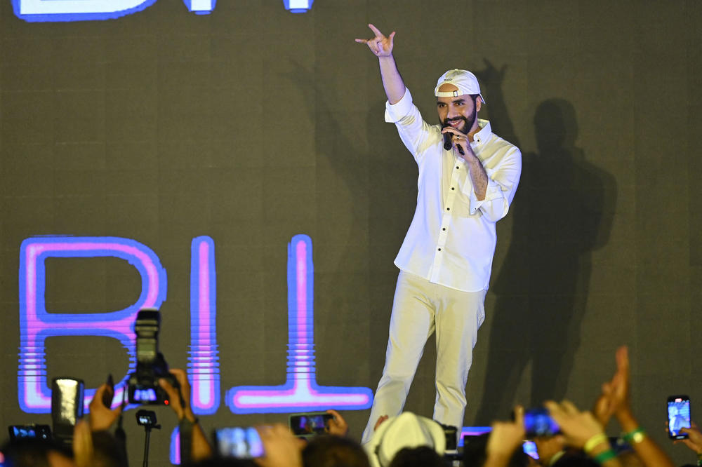 President Nayib Bukele of El Salvador gestures during his speech at the closing ceremony of the Latin American Bitcoin and Blockchain Conference at Mizata Beach, El Salvador, on Nov. 20, 2021.