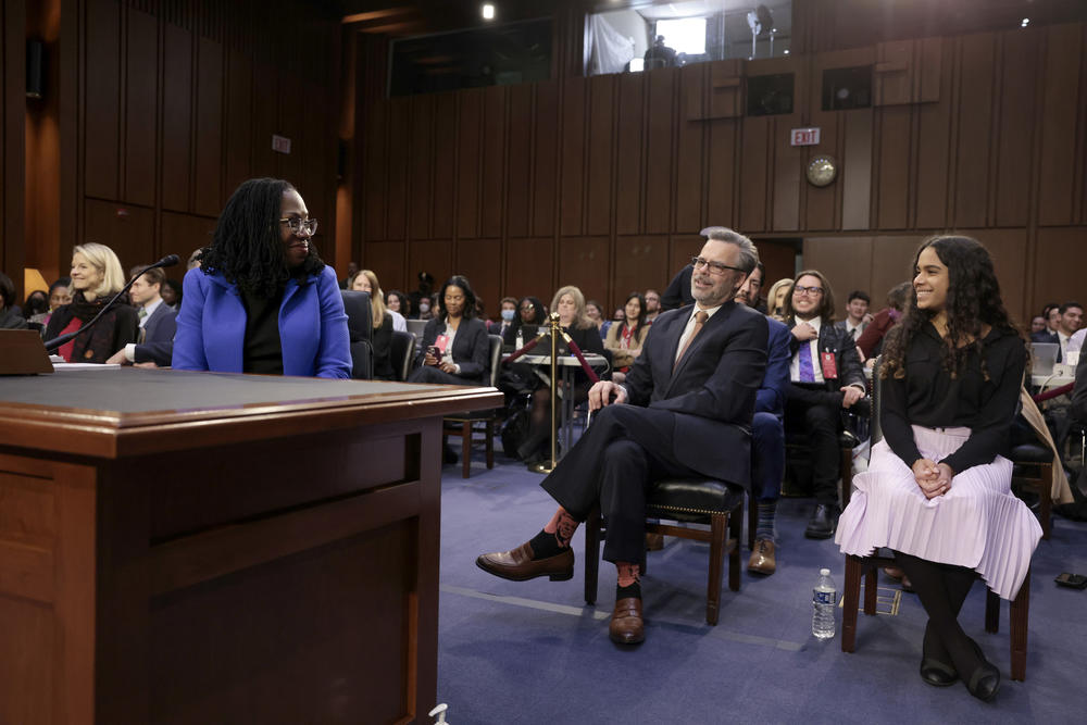 <strong>March 23:</strong> Supreme Court nominee Judge Ketanji Brown Jackson looks to her husband, Patrick Jackson, and their daughter, Leila Jackson, after the end of the third day of her confirmation hearing before the Senate Judiciary Committee.