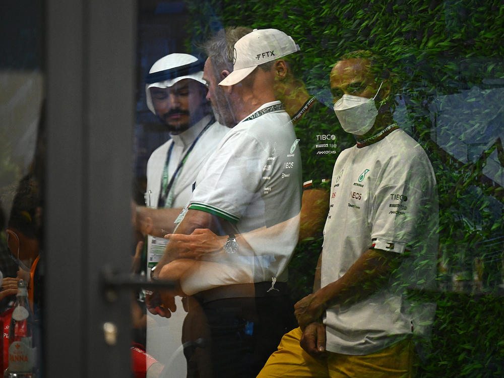 Lewis Hamilton of Great Britain and of the Mercedes Formula 1 team looks on during a meeting attended by drivers, team bosses and the CEO of Formula 1, following a missile attack miles from the Jeddah Grand Prix venue.