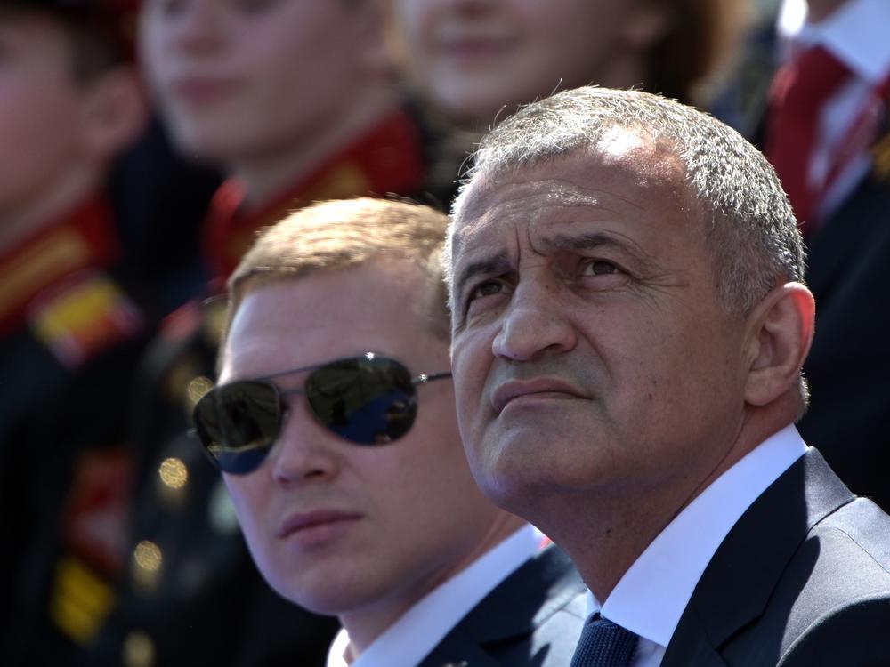 President of South Ossetia Anatoly Bibilov (right) during the Victory Day military parade marking the 75th anniversary of the victory in World War II, on June 24, 2020 in Moscow.