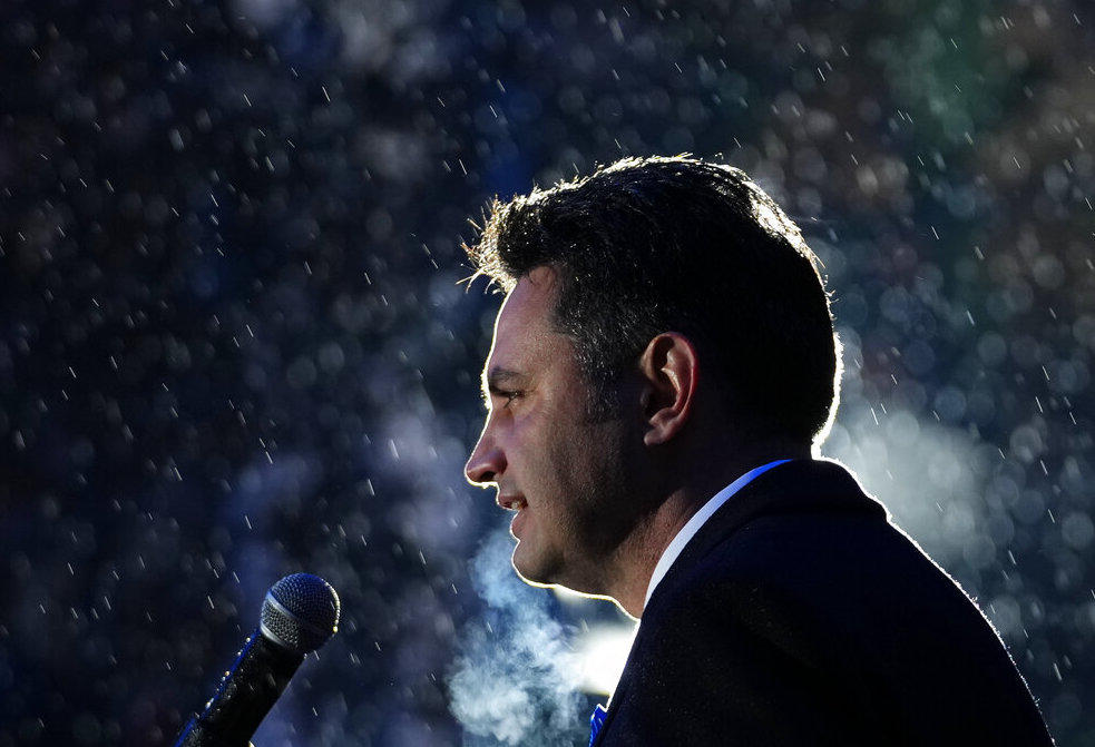 Peter Marki-Zay, leader of United For Hungary, the six-party opposition coalition, speaks during the final electoral rally in Budapest, Hungary, Saturday, April 2, 2022, ahead of Sunday's election.