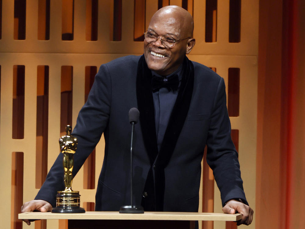 Samuel L. Jackson accepts his first Oscar, an honorary lifetime achievement award, during the 2022 Governors Awards at The Ray Dolby Ballroom last month in Hollywood, Calif.