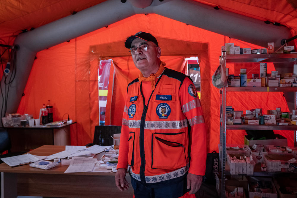 Faisal Hawat in the medical tent set up at Gara de Nord railway station in Bucharest, Romania, where infrastructure has been put in place to welcome and assist refugees coming from Ukraine.