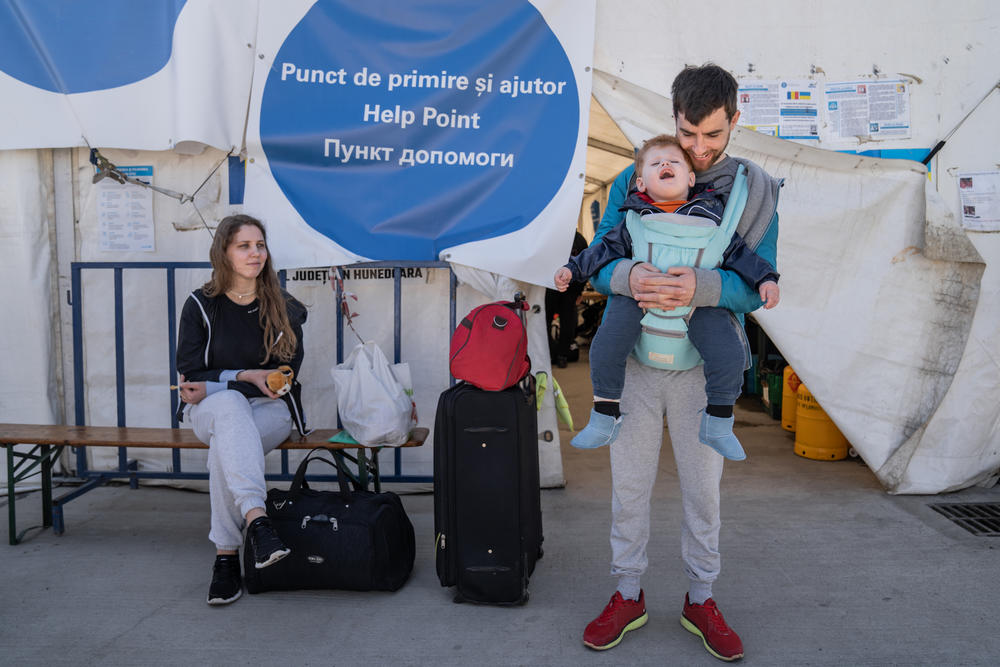 Eugenia and Sasha, with their 2-year-old son, crossed the Danube by ferry into Romania at Isaccea on Friday. Originally from Odesa, they have been living in a village near the border.