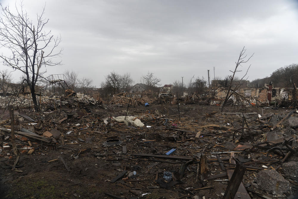 The remnants of a largely destroyed residential neighborhood just outside Chernihiv. Some residents returned to sort through the wreckage of the homes.