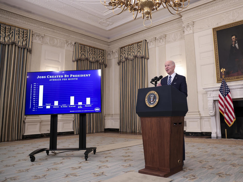 President Biden speaks about the January jobs reports during an event in the State Dining Room on Feb. 4.