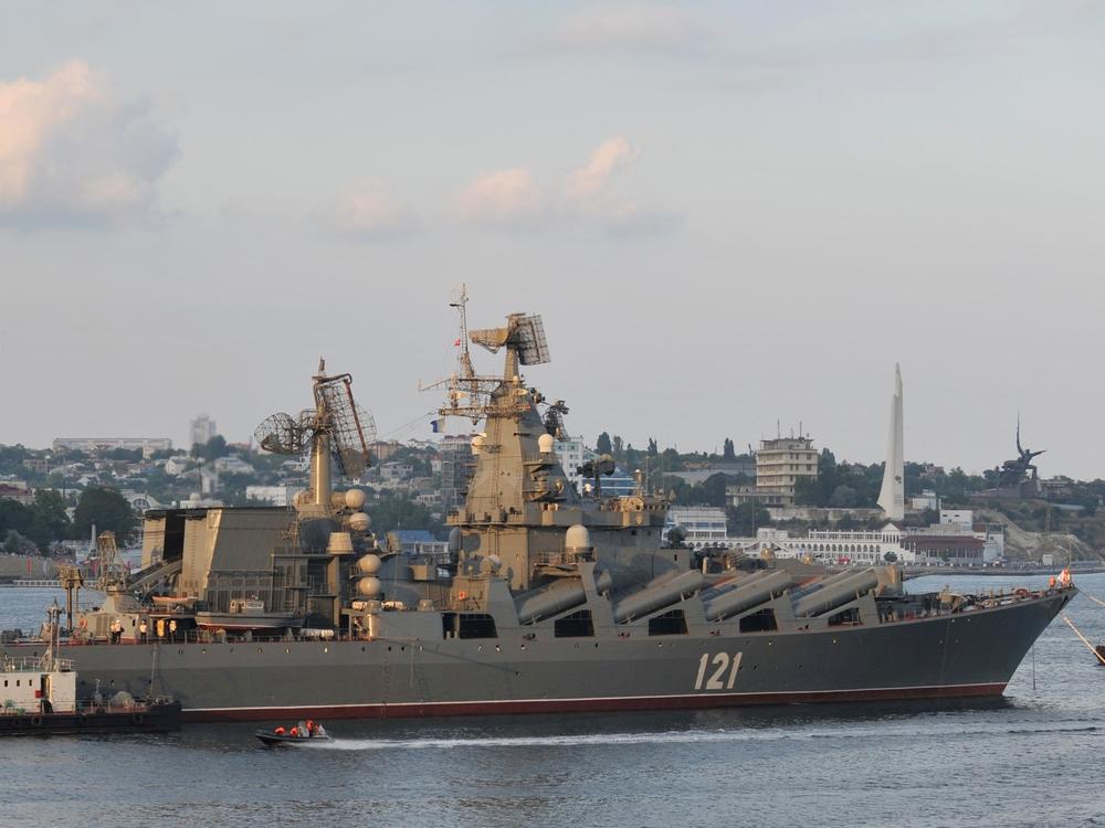 The Moskva guided-missile cruiser participates in a Russian military parade near a navy base in the Ukrainian town of Sevastopol in July 2011. Experts say the recent loss of the Moskva — the flagship of Russia's Black Sea Fleet — is significant both symbolically and militarily, even if it doesn't deal a decisive blow to Russia's overall operations in Ukraine.