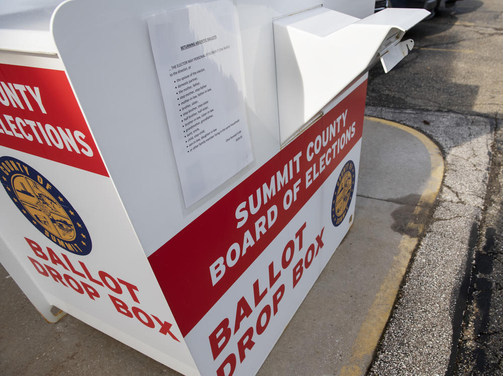 A ballot drop box is seen at the Summit County Board of Elections in Akron, Ohio, on April 5. Voters in Ohio and Indiana will select primary nominees Tuesday for a number of races, including Senate and House.
