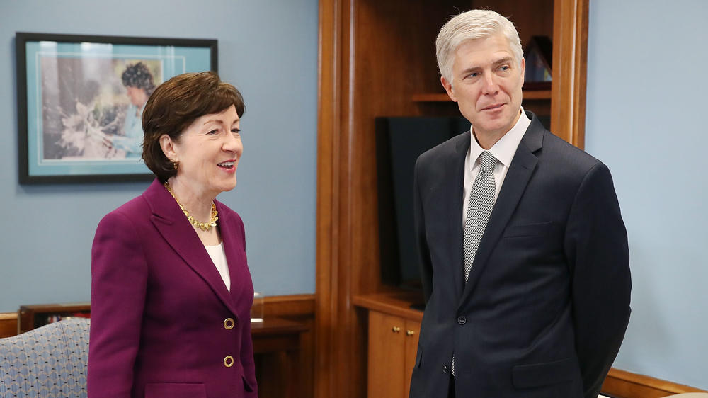 Supreme Court Judge Neil Gorsuch — then a nominee — meets with Sen. Susan Collins in her Capitol Hill office on Feb. 9, 2017.