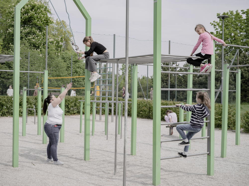 Ukrainian children play on the playground near Poland's Warsaw Ukrainian School.