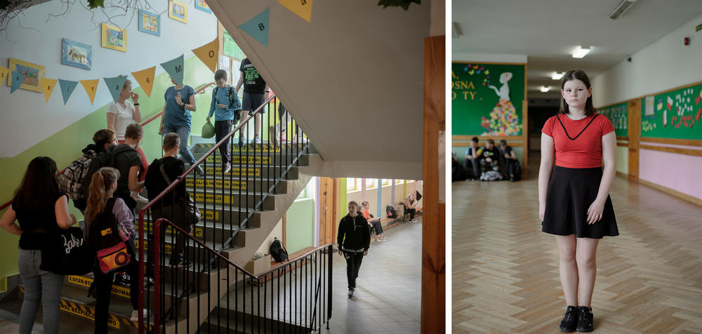 Left: Student walk to classrooms at Primary School no. 148 in Warsaw; Right: Masha Zamoros from Ukraine, studies at Primary School no. 148.