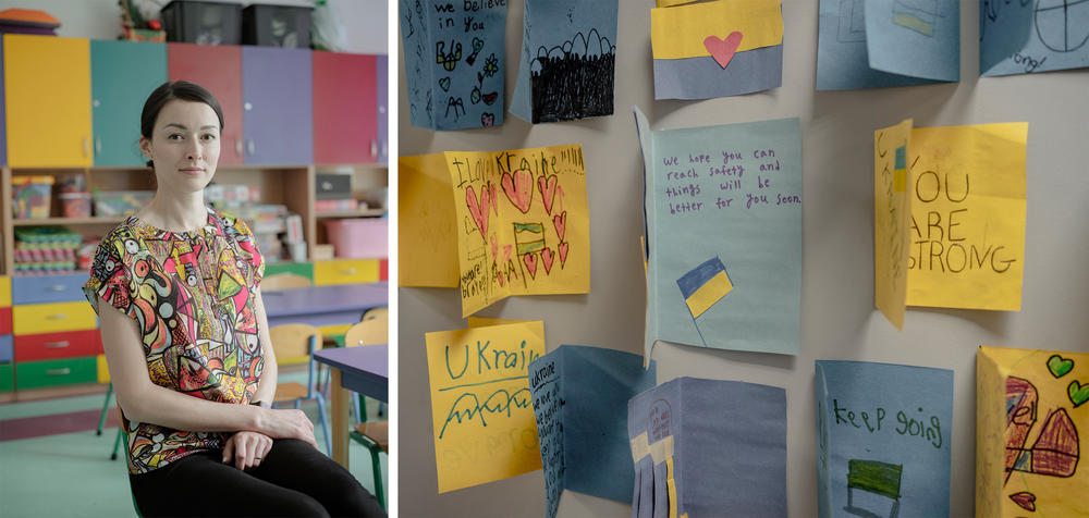 Left: Inna Demchenko is the mother of a 9-year-old student at Primary School no. 148, Warsaw, whose father is still in Kyiv, Ukraine; Right: Cards sent to Ukrainian children by kids from the U.S. at Poland's Warsaw Ukrainian School.