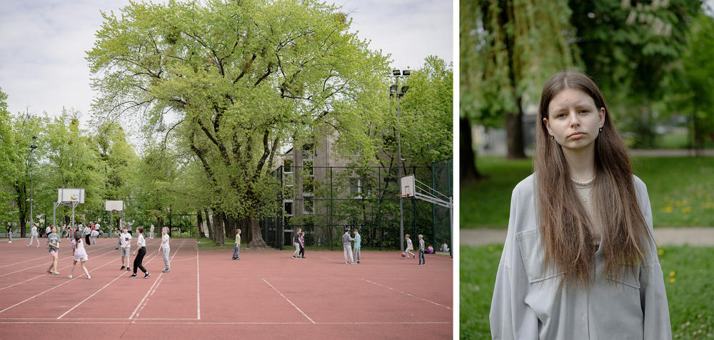Left: Students play outside at Primary School no. 148, in Warsaw; Right: Diana Norchak, 15, currently studies at Poland's Warsaw Ukrainian School.