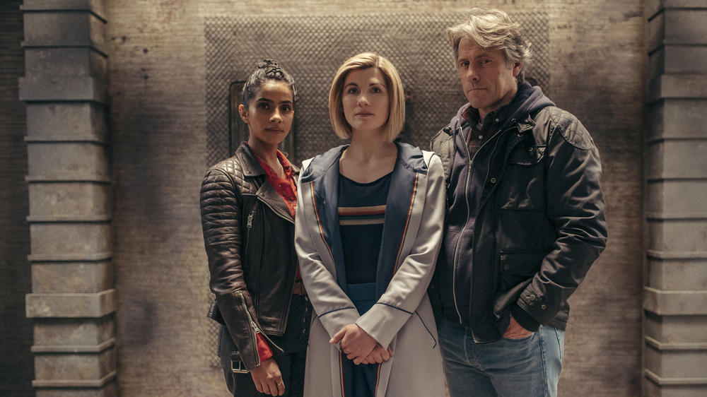 Mandip Gill, Jodie Whittaker and John Bishop from the cast of Doctor Who.
