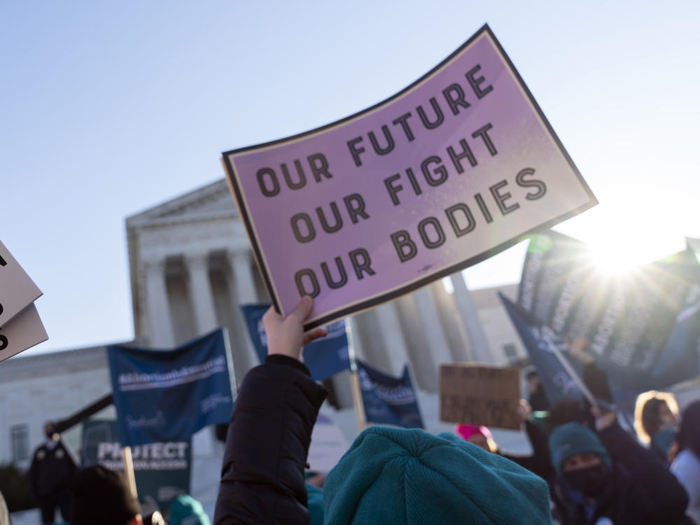Abortion-rights advocates demonstrate in front of the Supreme Court last December as it heard a case that could strike down the constitutional right to abortion. Economists say decades of research show that doing so would limit women's economic prospects.