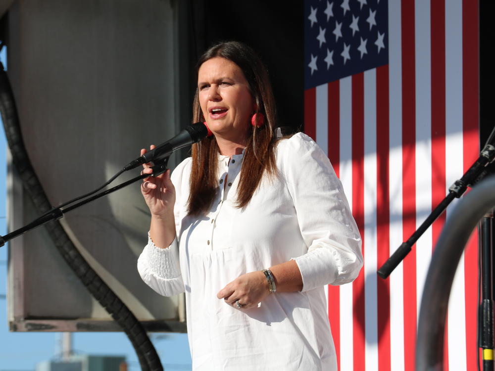 Arkansas GOP primary candidate for governor, Sarah Huckabee Sanders, speaks to a crowd of supporters on Sept. 6, 2021, in Benton, Ark., her first campaign appearance after announcing her candidacy.