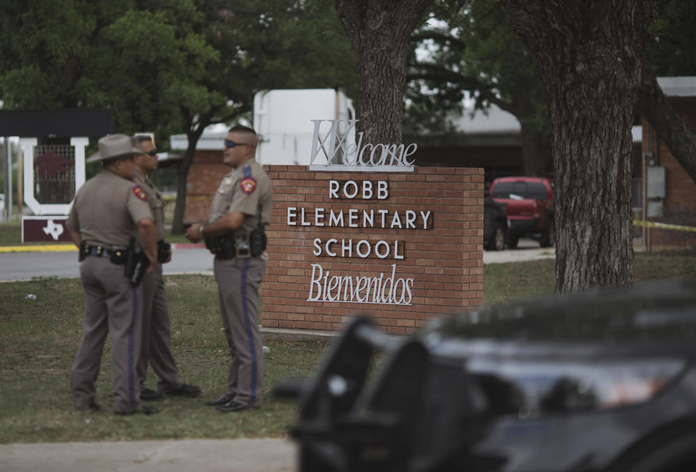 Texas state troopers outside Robb Elementary School.