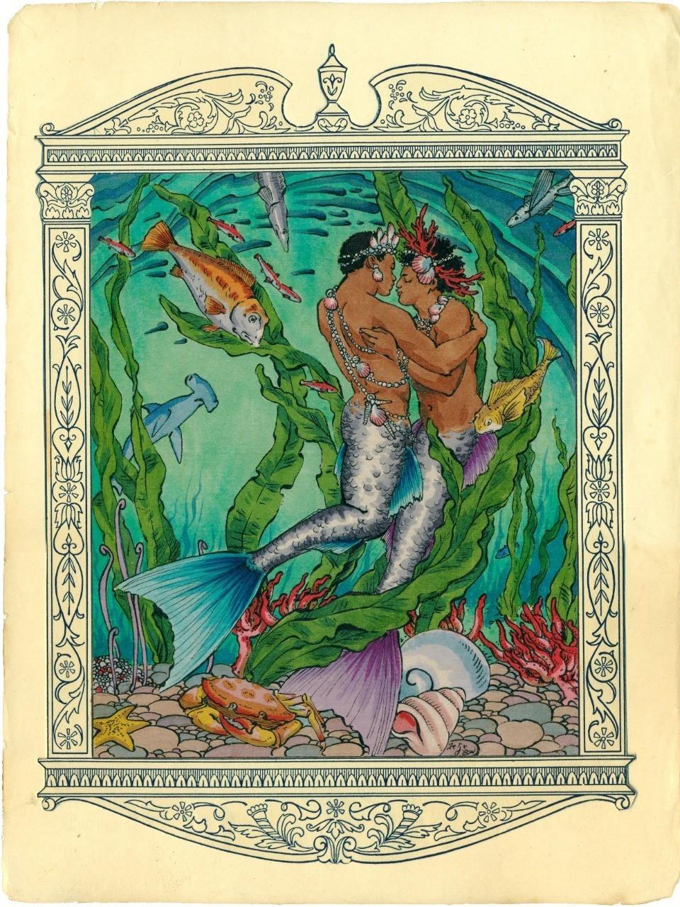 <em>Coral and Kisses</em> is one of Felix d'Eon's paintings celebrating queer love and identity using mythological beings.