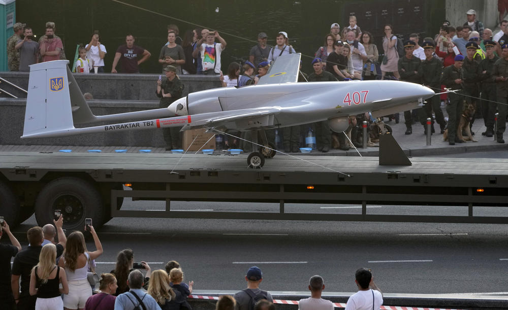 Ukraine's military displays a Turkish-made Bayraktar TB2 drone at a military parade in the capital Kyiv on Aug. 20, 2021. Russia's has a far larger air force than Ukraine, but the Ukrainians have used drones effectively in the current conflict.