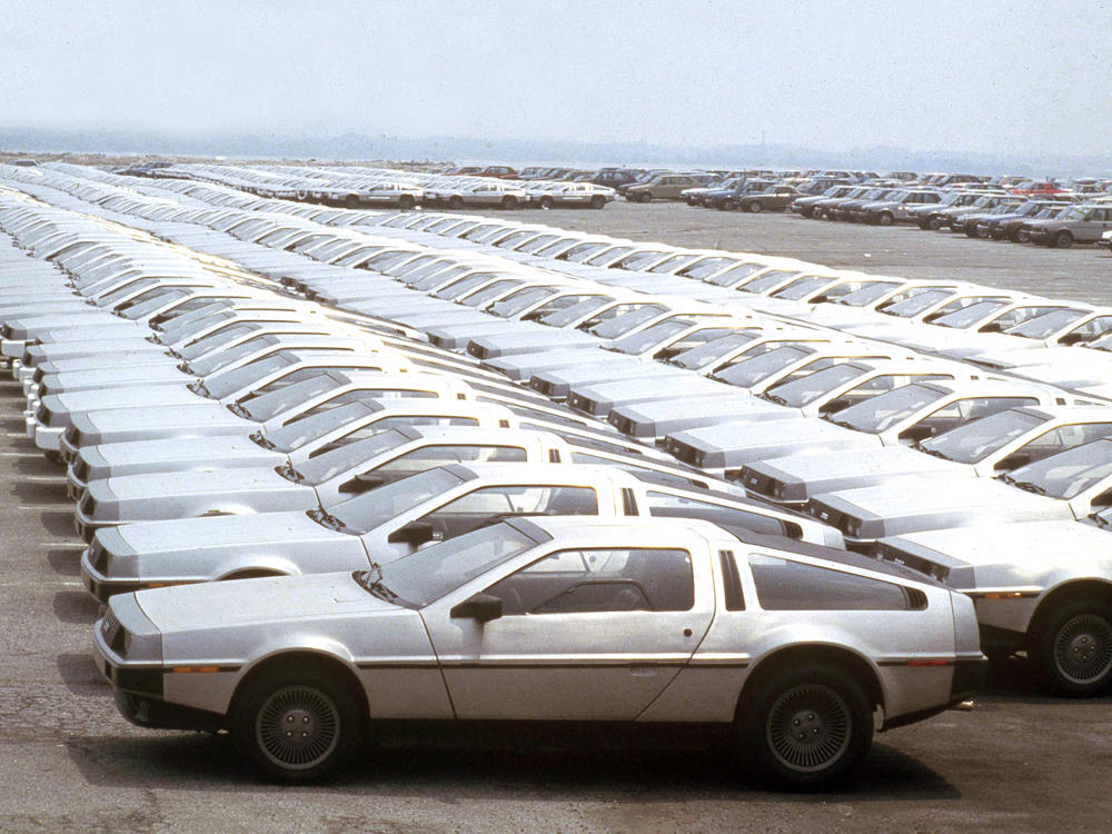 Stainless steel DeLoreans at Wilmington Marina Terminal, in Wilmington, Del., after arriving from Northern Ireland in 1981.