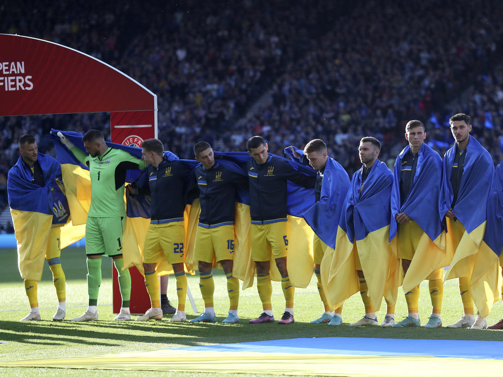 Ukrainian players ahead of their winning World Cup 2022 qualifying playoff soccer match against Scotland at Hampden Park stadium in Glasgow, Scotland, on Wednesday. Ukraine won the match 3-1.