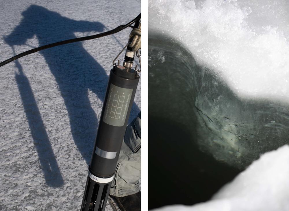 Left: Scientists from Central Michigan University use a sonde logging system to measure water quality in real time on Feb. 15 in Lake Huron's Saginaw Bay near Fairgrove, Michigan. Right: Scientists pick and drill into the ice covering Lake Huron on Feb. 15 in order to sample the water underneath.