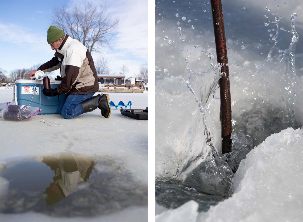 Left: Professor George Bullerjahn collects water samples with a Van Dorn bottle on Lake Erie on Feb. 9. Right: The Central Michigan University team chips away at ice on Lake Huron using a spud bar, a steel rod with a tapered end often used by ice fishermen.