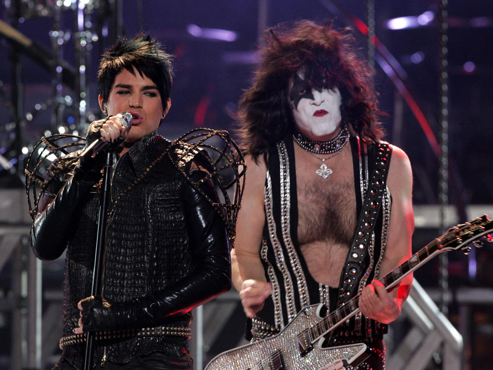 Adam Lambert (left) and Paul Stanley of the band Kiss perform during the season finale of <em>American Idol</em> in 2009.