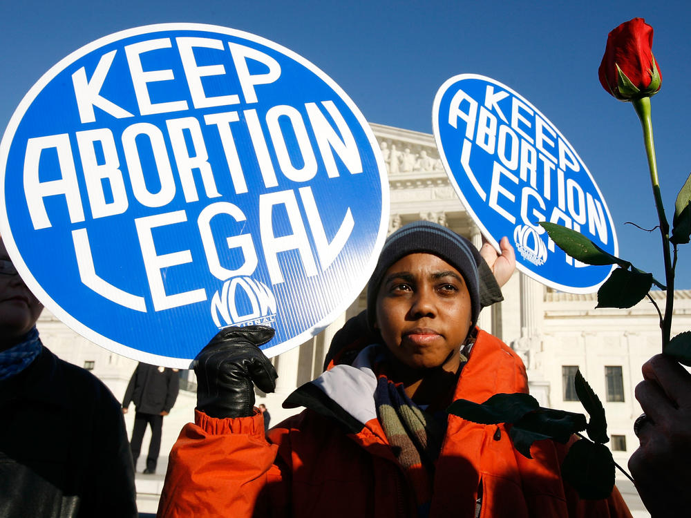 Pro-choice activist Lisa King holds a sign in front of the U.S. Supreme Court.
