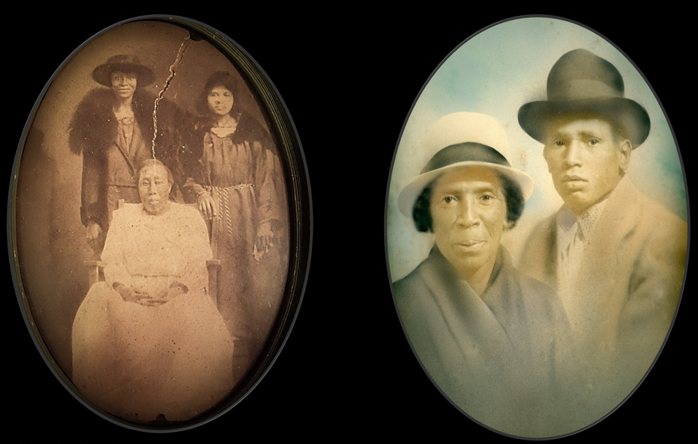 <em>Portraits of Purpose</em> (2 of 9), 2021. (Left) <em>Alice Cash and Daughters</em>, 1900s, Wharton, Texas. (Right) <em>V.L. Franklin and his mother Addie</em>, 1920s, La Grange, Texas.