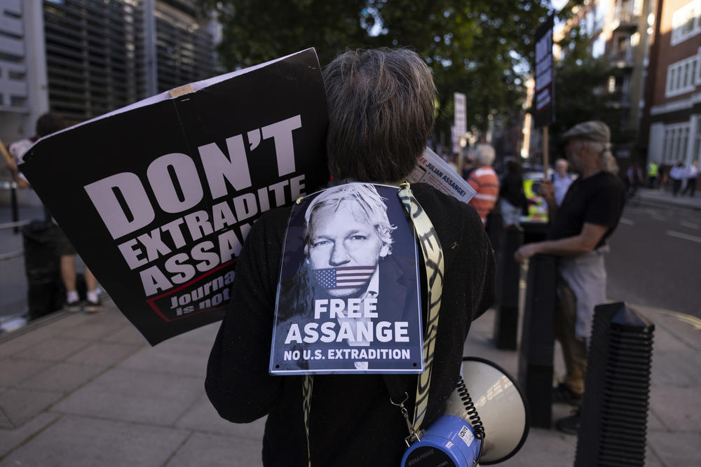 Protesters gather outside the Home Office last month to demand Julian Assange's immediate release in London.