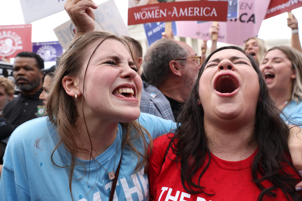 Anti-abortion rights activists celebrate on June 24.