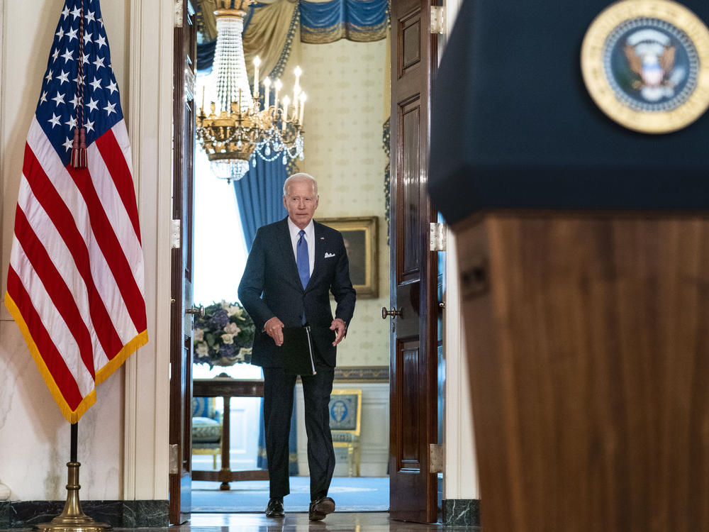 President Joe Biden arrives to speak at the White House on Friday after the Supreme Court overturned <em>Roe v. Wade</em>.