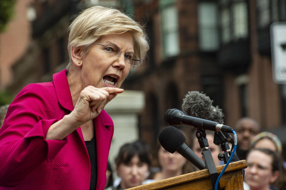Senator Elizabeth Warren (D-Mass.) addresses protestors at the Massachusetts State House in Boston, following the Supreme Court decision to overturn Roe v. Wade on June 24.