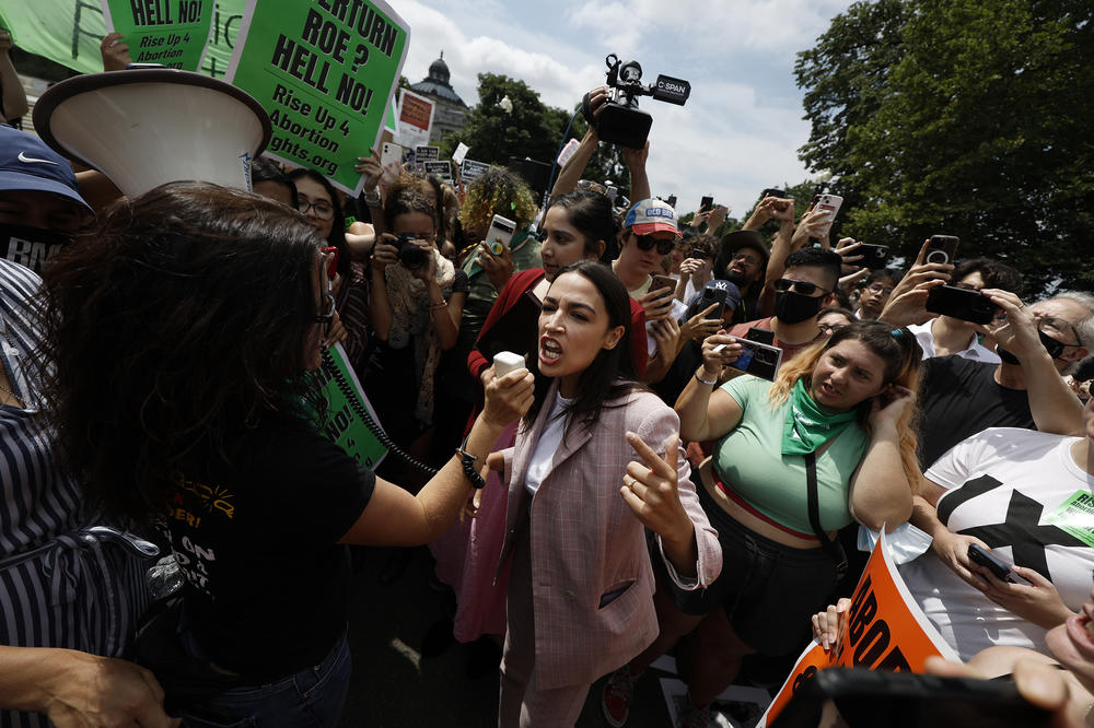 Rep. Alexandria Ocasio-Cortez (D-N.Y.) speaks to abortion rights activists following the Dobbs v Jackson Women's Health Organization ruling, in D.C. on June 24.