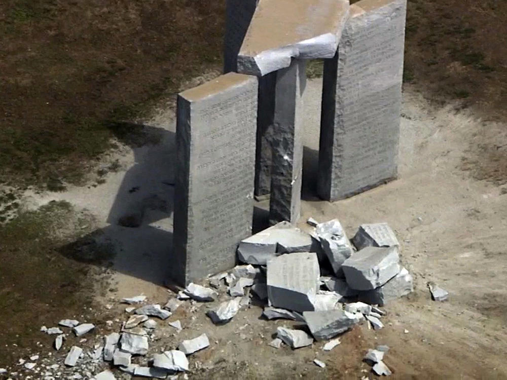 This aerial image taken from video shows damage to the Georgia Guidestones monument near Elberton, Ga., on Wednesday.