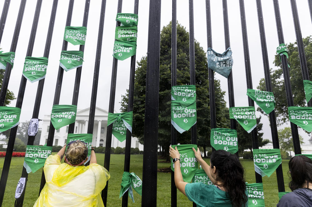 Demonstrators tie their green bandanas to the White House fence.