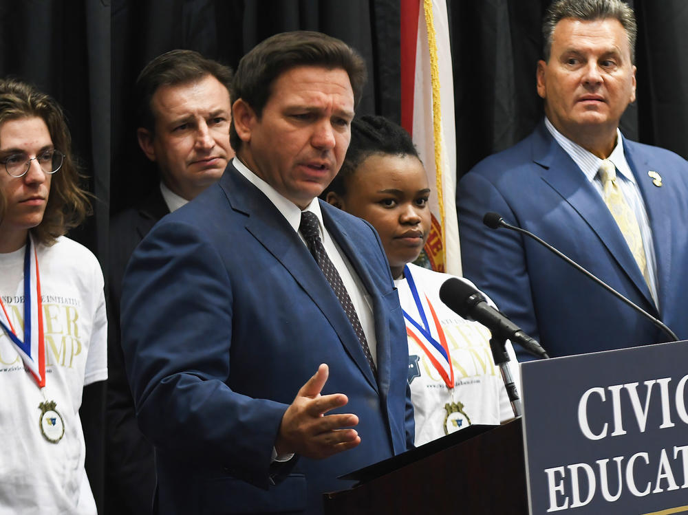 Florida Gov. Ron DeSantis speaks at a news conference at Crooms Academy of Information Technology in Sanford to discuss Florida's civics education initiative of unbiased history teachings.