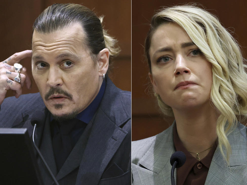 Johnny Depp testifies at the Fairfax County Circuit Court in Fairfax, Va., on April 21, and Amber Heard testifies in the same courtroom on May 26. Depp won a defamation suit against his ex-wife last month.