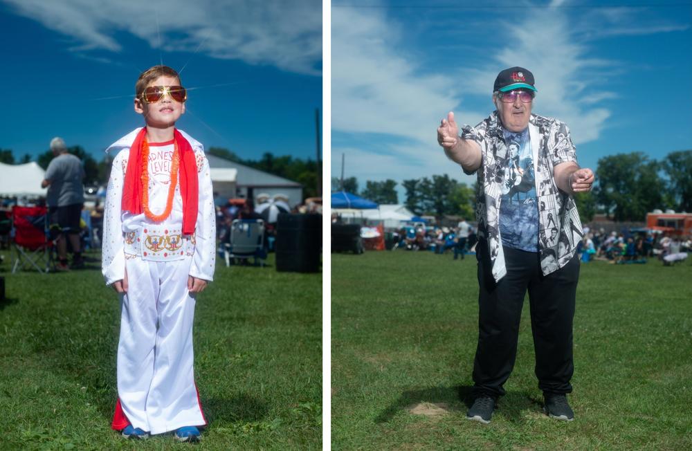 Left: Brenton Downs of Waterford, Mich., poses at the Michigan Elvisfest on Saturday, July 9. Right: Bill Dyde strikes a pose at the Michigan Elvisfest on Saturday.