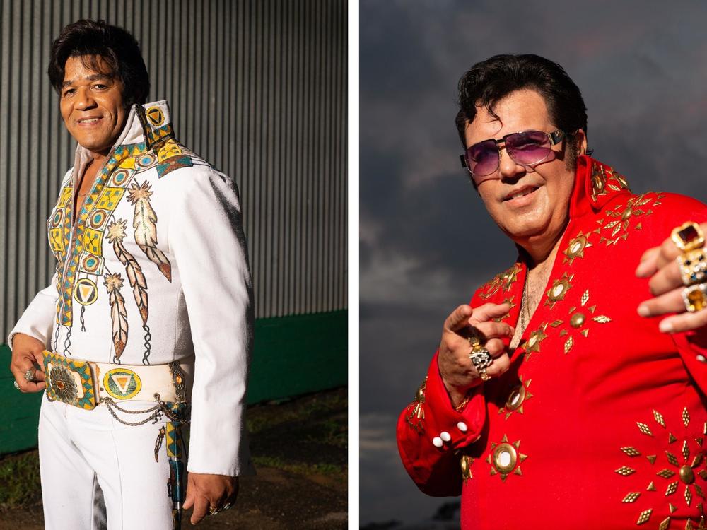 Left: Robert Washington poses at the Michigan Elvisfest on Friday, July 8. Washington has performed as Elvis since 1983. Right: Chris Ayotte after his performance Friday.