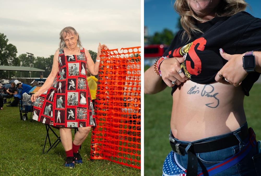 Left: Joyce Fitchett of Hale, Mich., shows off her homemade dress at the Michigan Elvisfest on Friday, July 8. Right: Stephanie Layne of Southgate, Mich., shows off her Elvis Presley signature tattoo at the Michigan Elvisfest on Saturday, July 9.