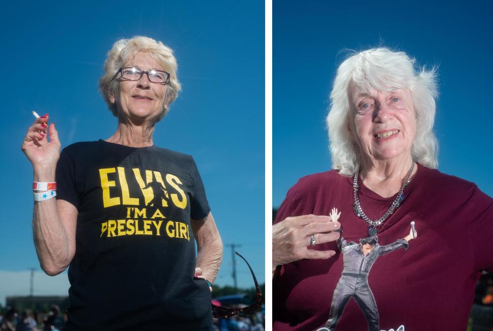 Left: Rhonda Price of Ida, Mich., poses at the Michigan ElvisFest on Saturday, July 9. Right: Sandra Maciejewski of Fruitland Park, Fla., poses at the Michigan Elvisfest on Saturday. Maciejewski flew to Michigan just for the festival and to see her favorite performer, Cote Deonath, who is printed on her shirt.
